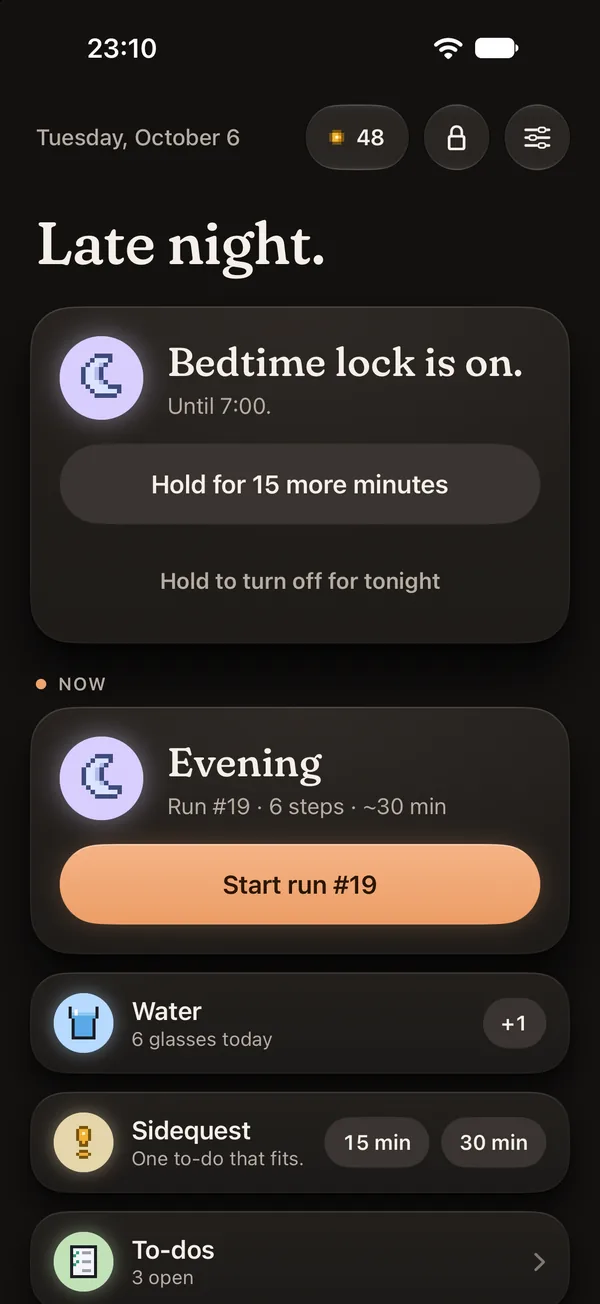 Late night at 23:10: Bedtime lock is on.
