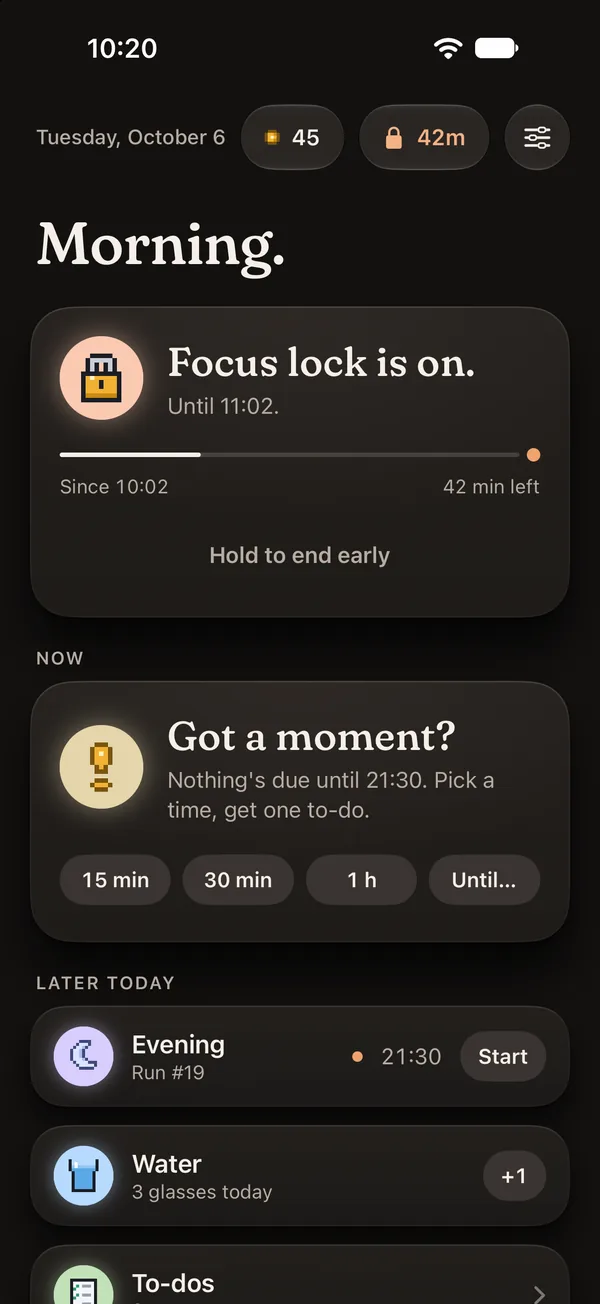 Focus lock at 10:20: 42 minutes left.