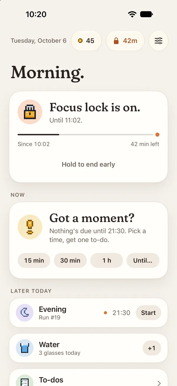 Focus lock at 10:20: 42 minutes left.