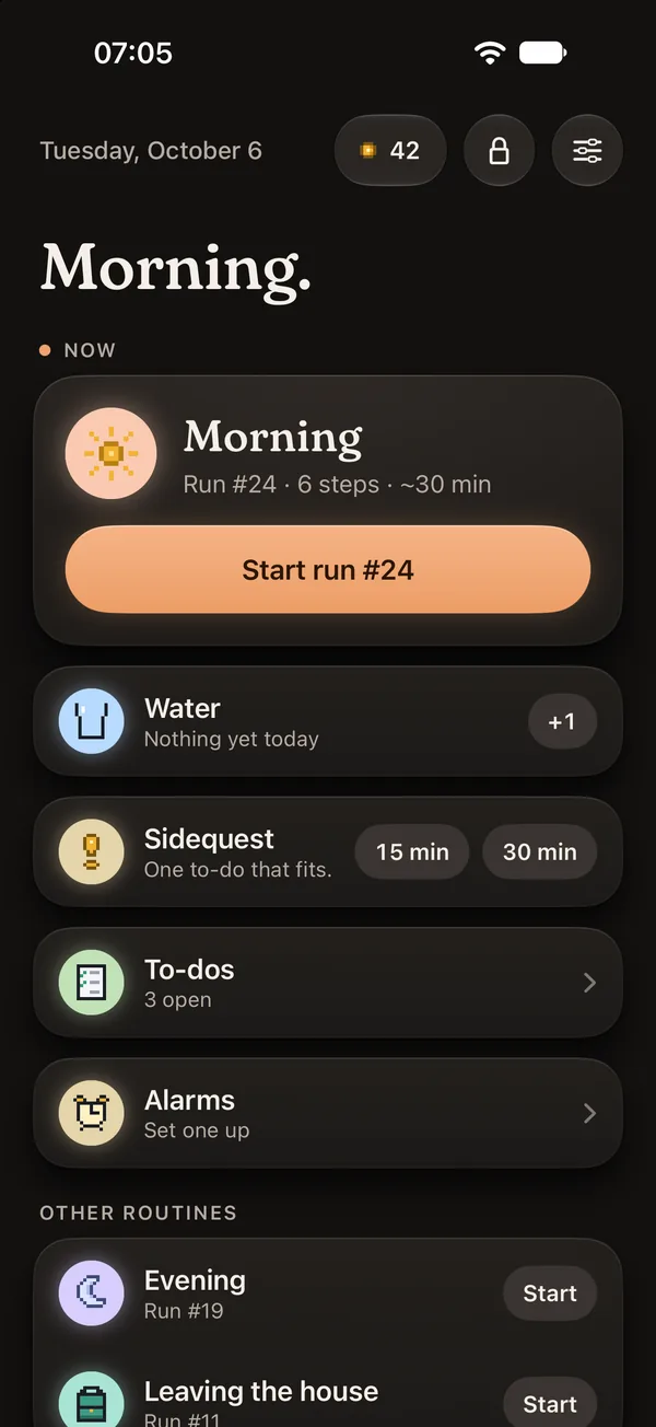Not Yet, an ADHD-friendly routine app. Home at 7:05: the morning routine is ready, Run #24.