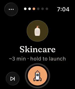 Apple Watch run: Skincare, step 3 of 6. Hold the button until the rocket lifts off.
