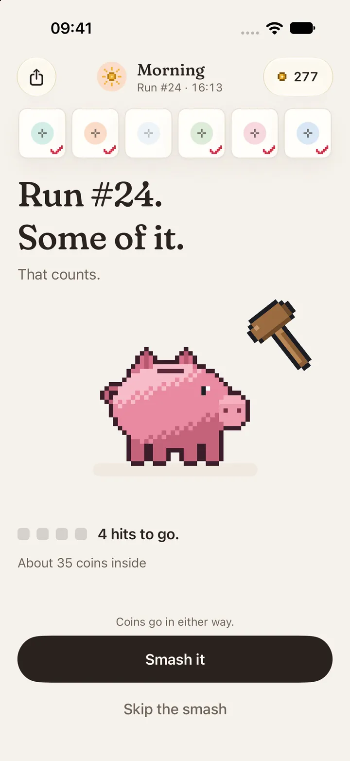 Run end: Run #24, some of it, a piggy bank to smash.